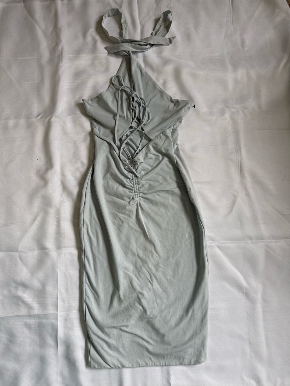 Oh Polly blue grey Halter Lace-Up Midi Dress